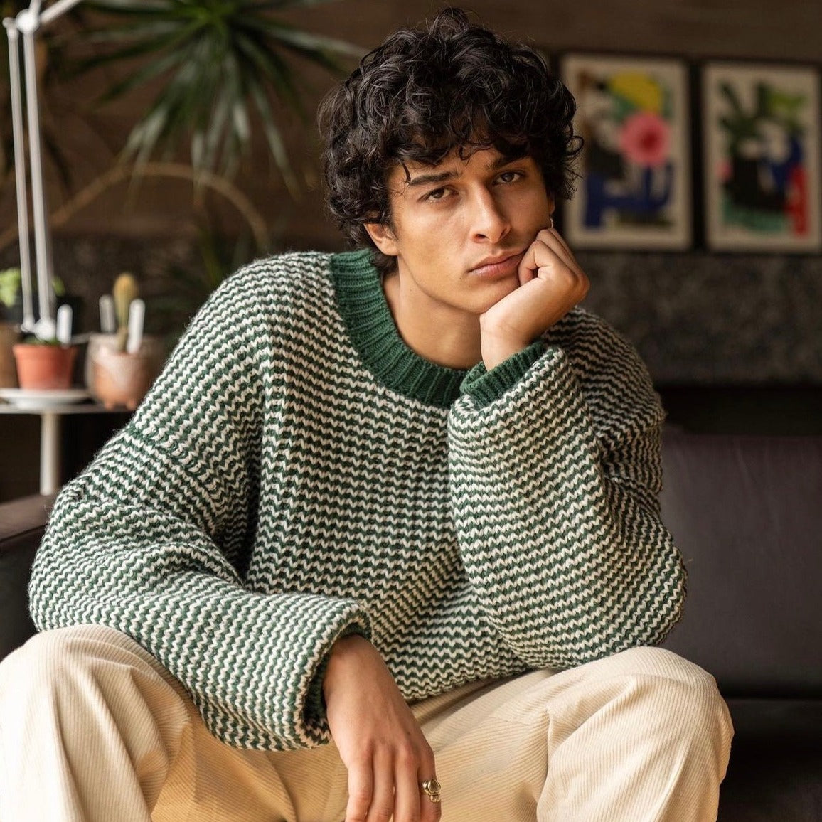 Green Stripe Chunky Knit Rib Oversized Sweater – Both