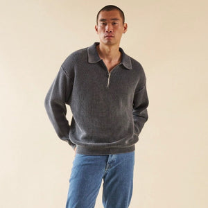 Charcoal Acid Wash Half Zip Knit Pullover