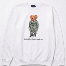 Load image into Gallery viewer, White sweatshirt with a bear in camouflage clothing graphic on a white background