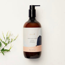 Load image into Gallery viewer, A bottle of hand and body lotion with a pump dispenser, labeled 'Ena' brand, in a clear amber color glass bottle, with a white and blue label, and a green pump. The lotion is depicted with a floral motif in the background.