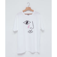 Load image into Gallery viewer, White crew neck t-shirt with a black graphic print of an eye and a pink tear on the front.