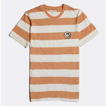 Load image into Gallery viewer, A short-sleeved crew neck t-shirt with a striped pattern in toasted orange and white colors, featuring an embroidered 'acid smile' logo on the chest.