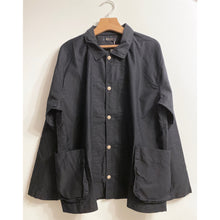 Load image into Gallery viewer, A navy blue button-up jacket with side pockets, displayed on a hanger against a white background.