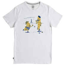 Load image into Gallery viewer, White crew neck t-shirt with a blue graphic print of a baguette and croissant on the front.