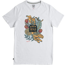 Load image into Gallery viewer, White crew neck t-shirt with a graphic print featuring animals and flowers on the front.