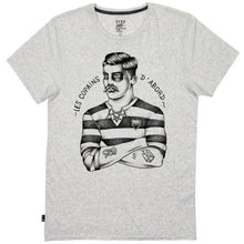 Load image into Gallery viewer, Grey t-shirt with a black and white graphic design of a person with a striped shirt and a crew cut haircut.
