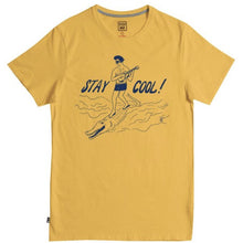 Load image into Gallery viewer, A yellow t-shirt with a graphic print of a person on a surfboard, accompanied by the text 'STAY COOL!'