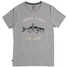 Load image into Gallery viewer, Gray t-shirt with a fish graphic and the text 'VIEUX LOUP DE LA MER' printed on the front.