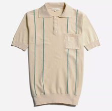 Load image into Gallery viewer, A short sleeve polo with a quadruple stripe design in lambs white and sagebrush green colors, featuring a large classic collar, ribbed cuffs and hem, and a square chest pocket.